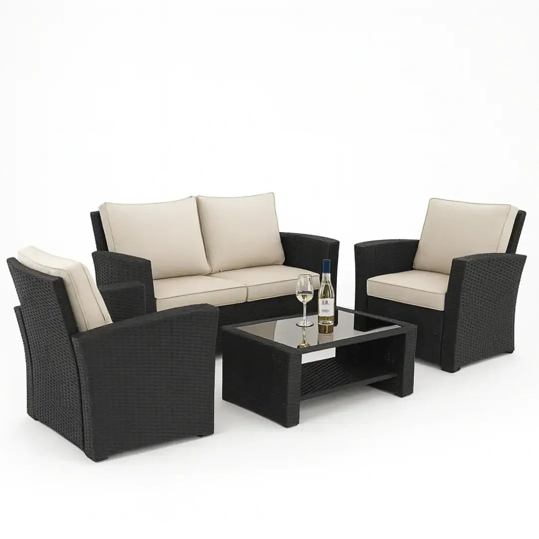 Wooden Twist Luxury Black Rattan Outdoor Sofa Set with Cushions & Glass Coffee Table – 4 Piece Garden Patio Furniture