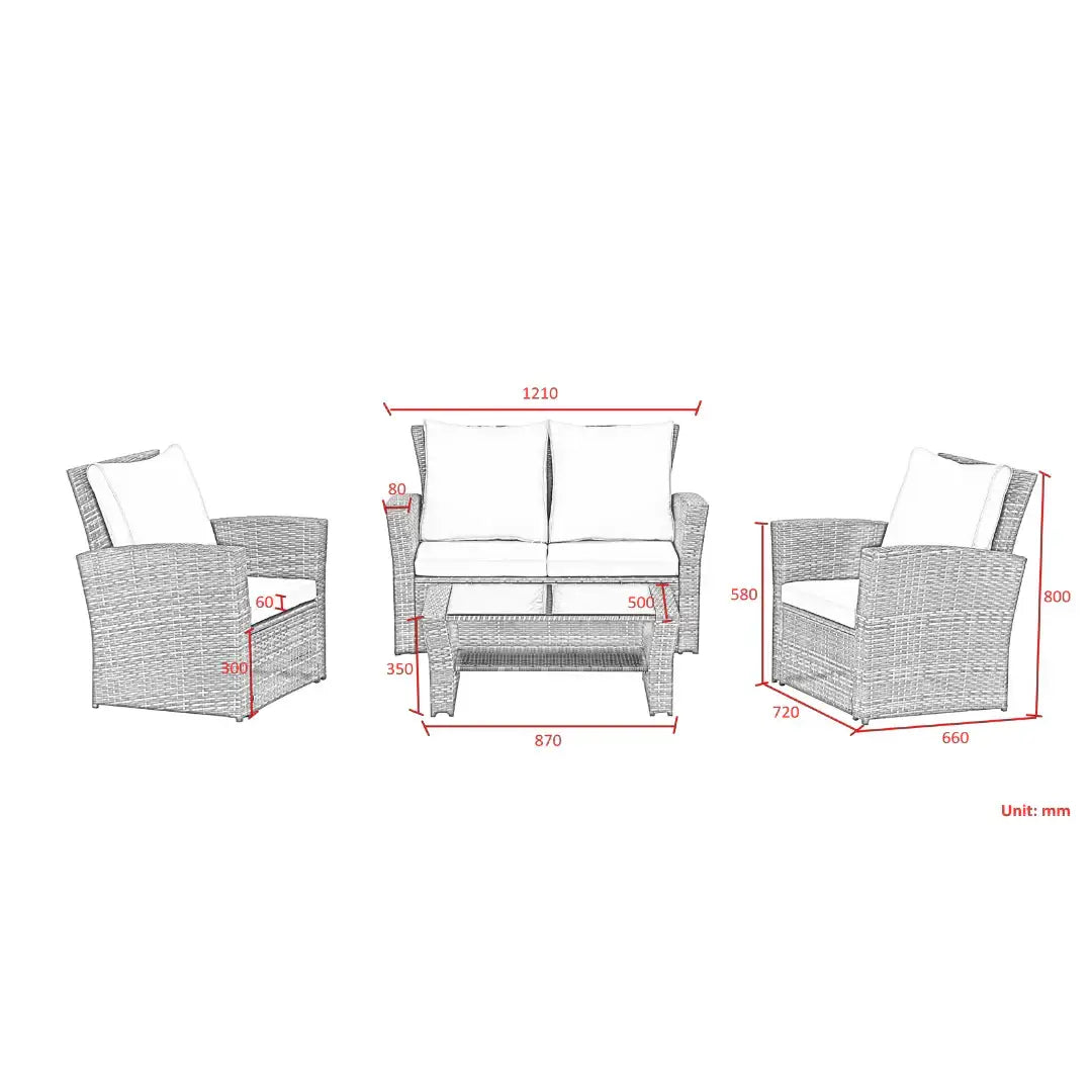 Wooden Twist Luxury Black Rattan Outdoor Sofa Set with Cushions & Glass Coffee Table – 4 Piece Garden Patio Furniture