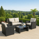 Load image into Gallery viewer, Wooden Twist Luxury Black Rattan Outdoor Sofa Set with Cushions &amp; Glass Coffee Table – 4 Piece Garden Patio Furniture