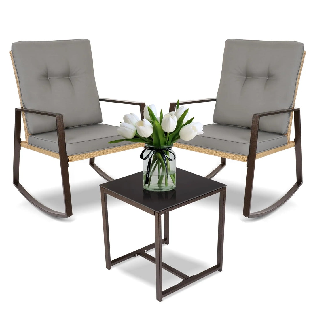 YIYAN 3 Pieces Patio Bistro Set Outdoor Rattan Wicker Rocking Chairs Set,Patio Outdoor Furniture Conversation Sets with Sofa Chairs,Glass Coffee Table and Washable Cushion (Light Beige)