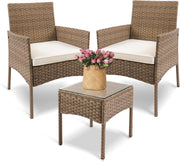 YIYAN 3 Pieces Patio Bistro Set Outdoor Wicker Furniture Outdoor Porch PE Rattan Wicker Chairs Furniture Sets with Sofa Chairs,Glass Coffee Table and White Washable Cushion