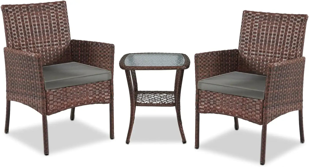 YIYAN Garden Furniture Set 3 Pieces Patio Rattan Wicker Chairs,Patio Porch Outdoor Furniture Set with Chairs, Coffee Table and Washable Cushions (Gray)