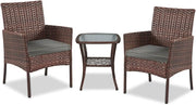 YIYAN Garden Furniture Set 3 Pieces Patio Rattan Wicker Chairs,Patio Porch Outdoor Furniture Set with Chairs, Coffee Table and Washable Cushions (Gray)