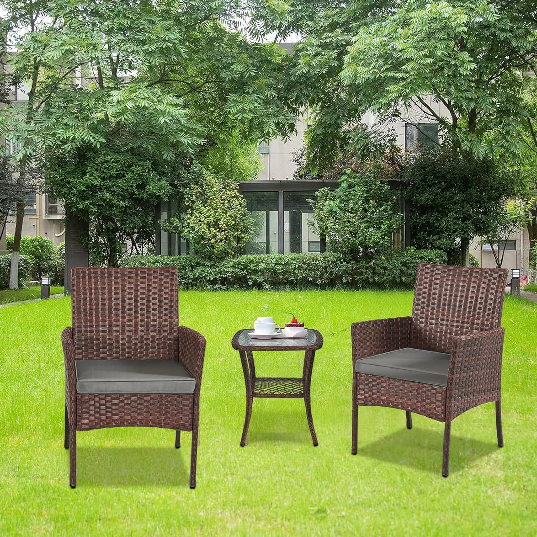 YIYAN Garden Furniture Set 3 Pieces Patio Rattan Wicker Chairs,Patio Porch Outdoor Furniture Set with Chairs, Coffee Table and Washable Cushions (Gray)